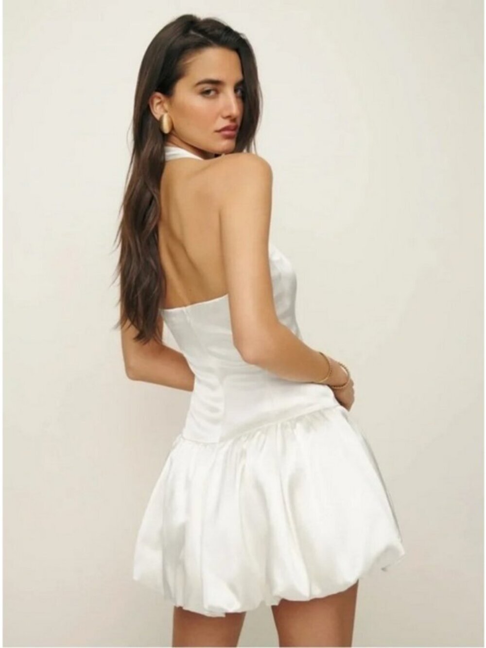 💕REFORMATION💕 The Babette Bubble Hem Silk Satin Halter Mini Dress Ivory 8 NWT - Picture 8 of 16